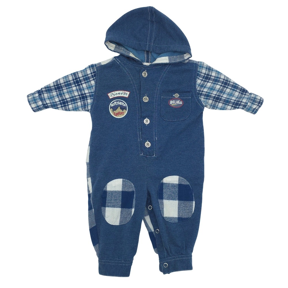 Baby Beluga Vintage Hooded Romper Plaid Northern Territory Blue Boys 12M 90s